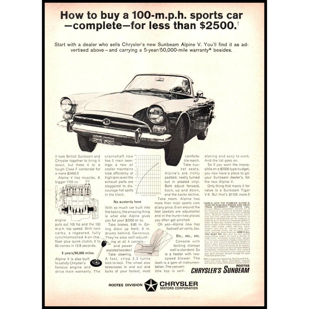 1966 Sunbeam Alpine V Convertible Roadster Vintage Print Ad Chrysler Wall Art